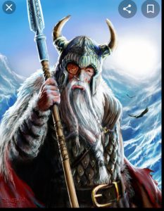 A picture of the Norse god Odin against a pale blue background, wearing a cloak and viking helmet, and holding a spear